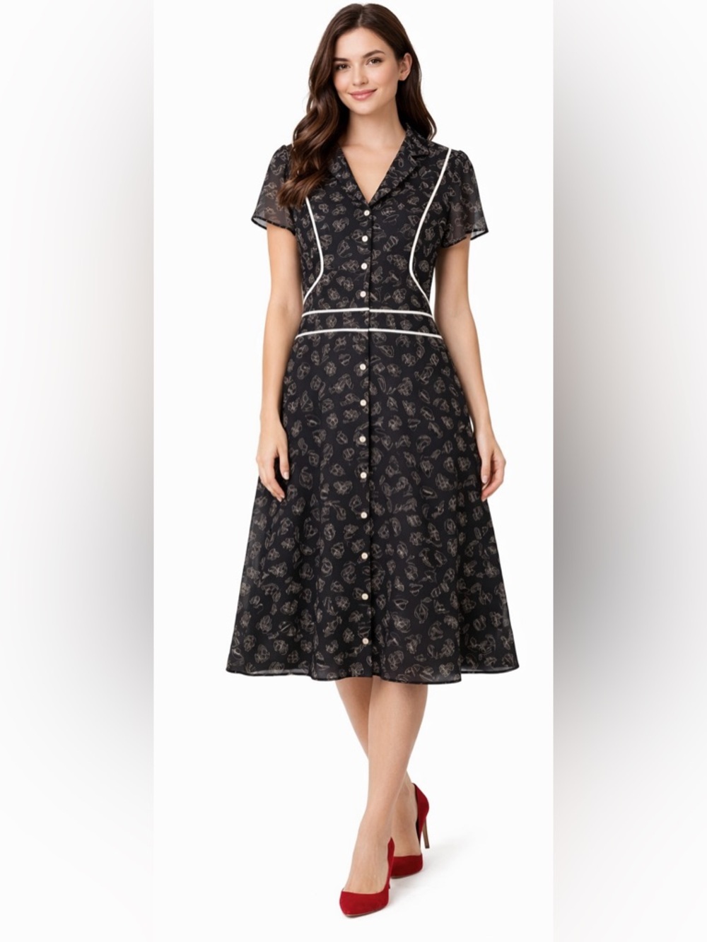 Componix Black Novelty ModCloth Style Print Shirt Dress White Piping Button S